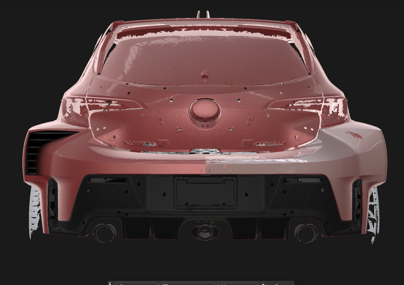 Rear view with widebody CAD over scan